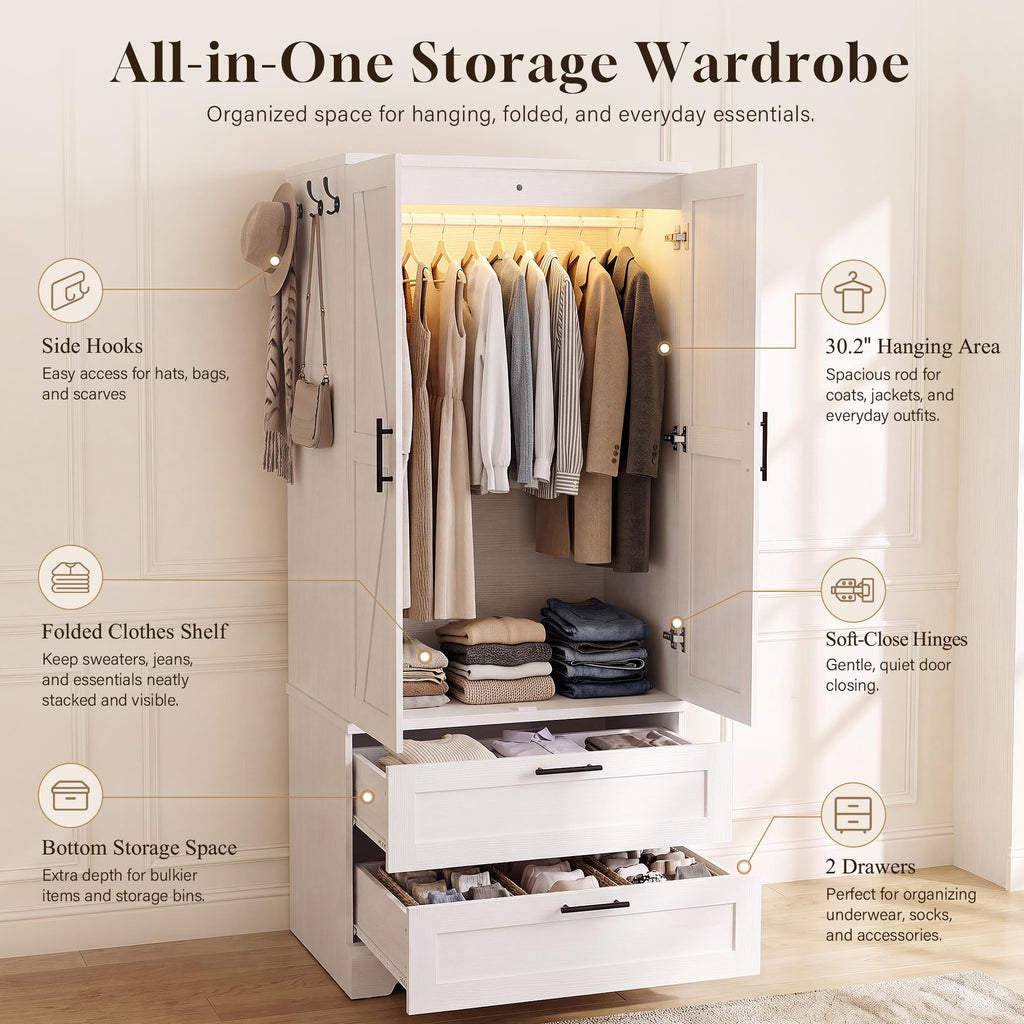 70.9" Wooden Armoire Wardrobe Closet with Sensor Light(White)