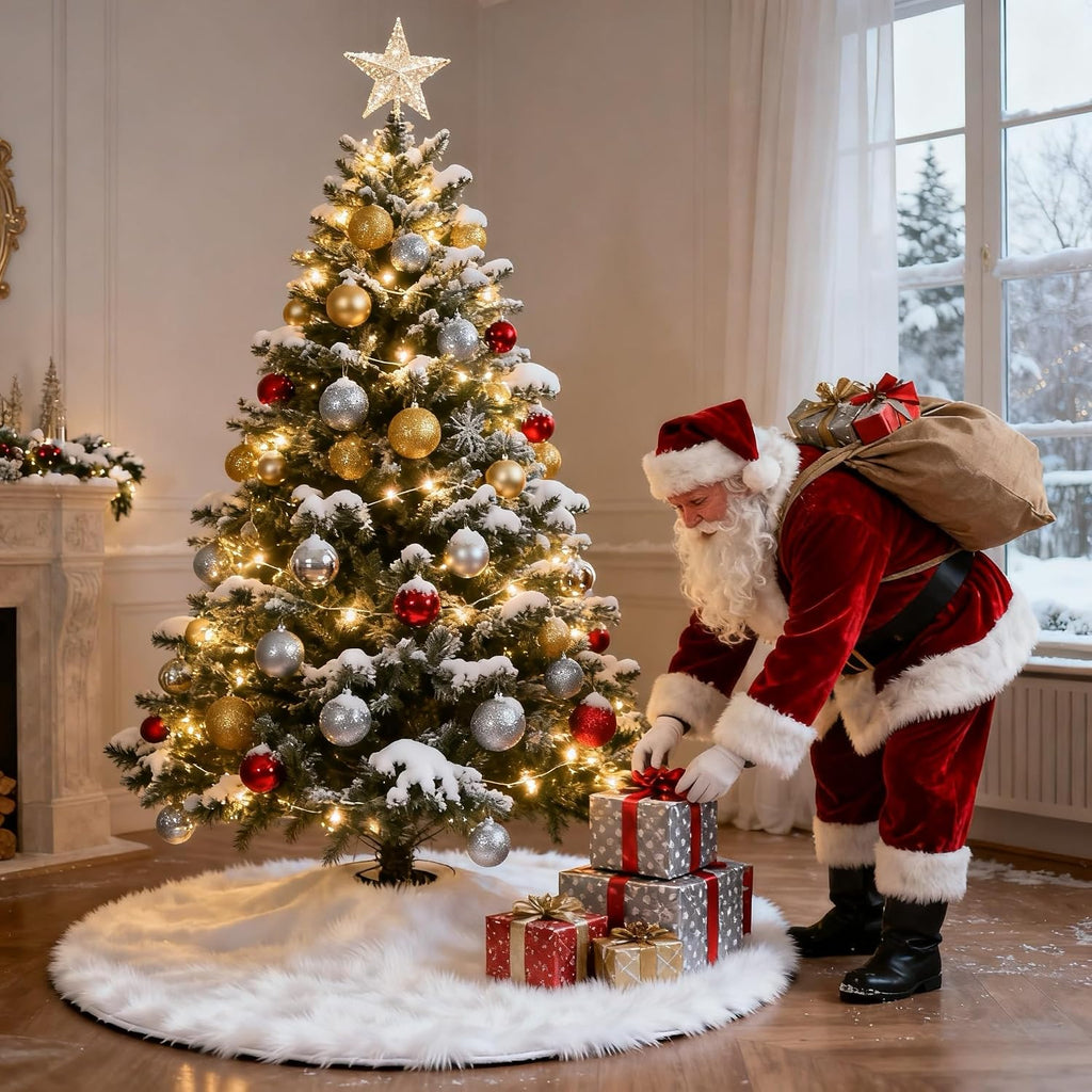 Christmas Tree Skirt 60 Inch White - Fluffy Faux Fur Christmas Tree Mat & Decoration for Indoor Outdoor Use