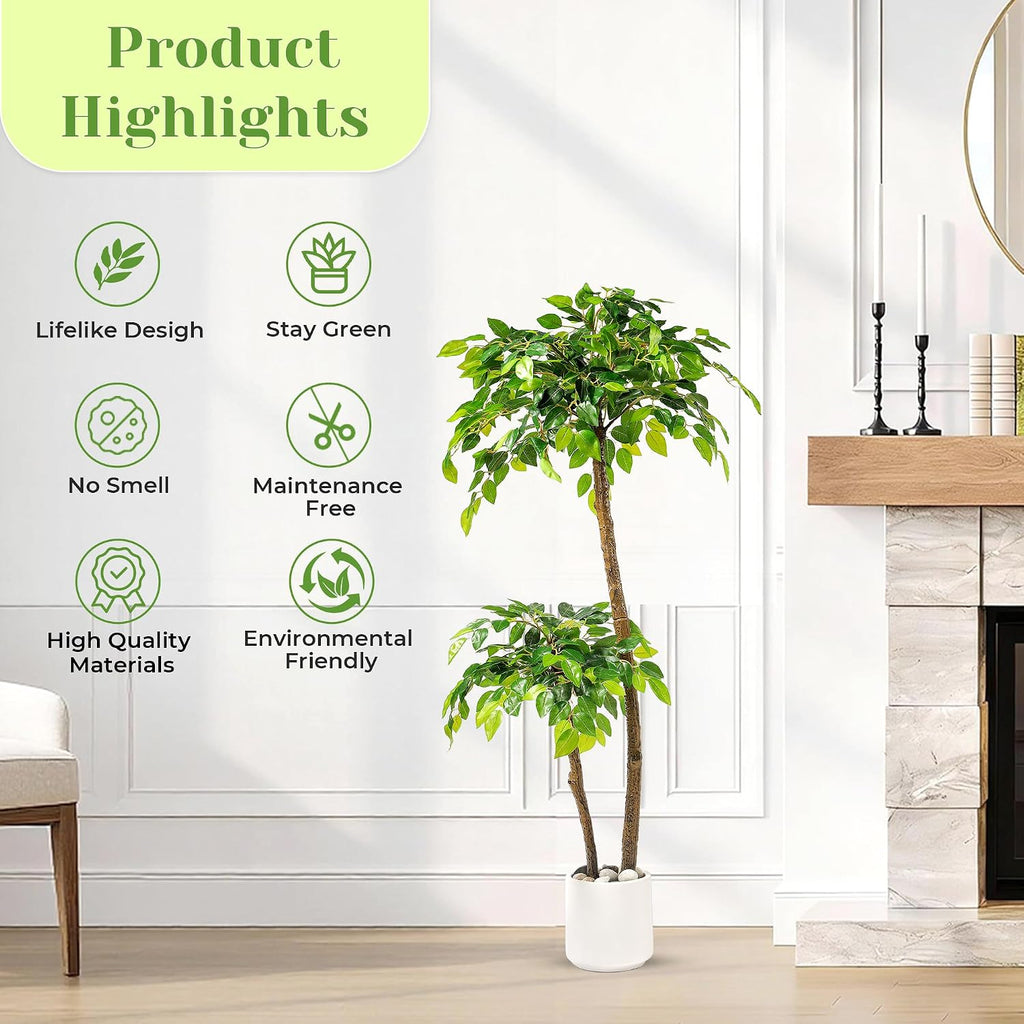 4FT Artificial Ficus Tree with White Planter, Moss and Pebbles
