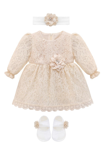 Baby Girls' Lace Floral Embroidered Dress with Matching Shoes Christening Baptism Dress (, Cream)