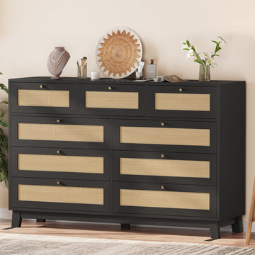 Black Rattan Dresser with 9 Drawer, Modern Double Wooden Long Bedroom Dresser, Chest of Drawers with Metal Handle &