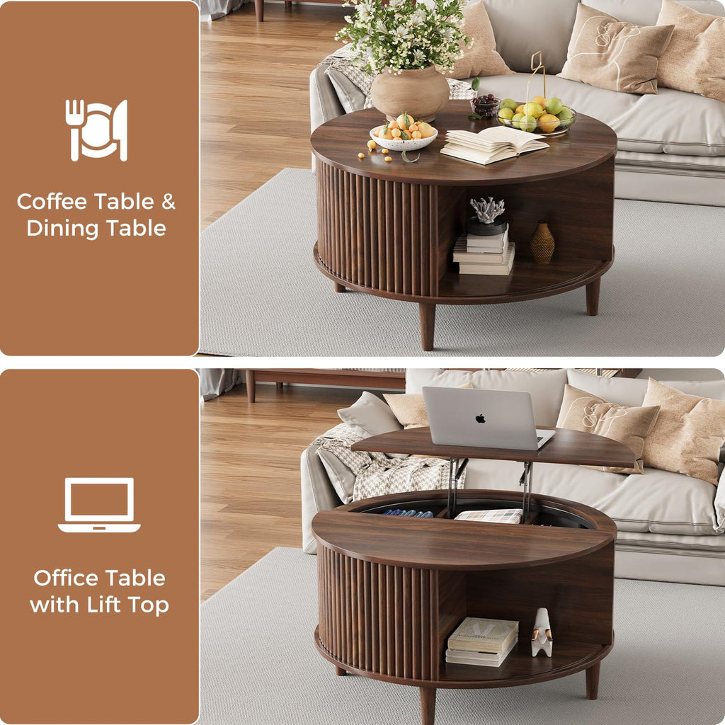 Lift Top with Storage, Fluted Round Center Table with Sliding Cabinet Door, Small Circle Table, Walnut