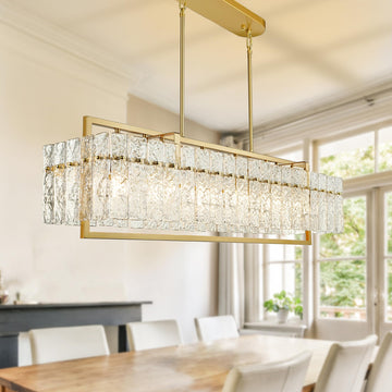 Modern Rectangle Gold Crystal Chandeliers, 42" Large Rectangular Water Ripple Glass Island Light Fixture, Elegant