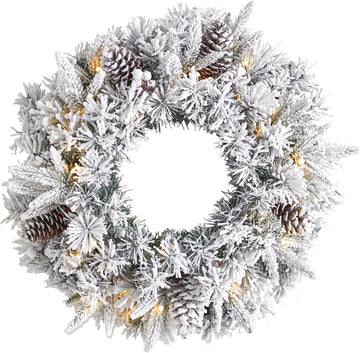 20in. Flocked Artificial Christmas Wreath with 35 Warm White LED Lights