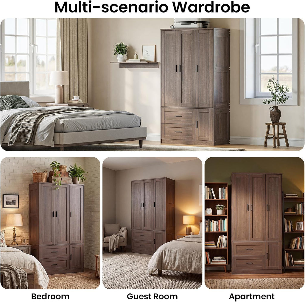 70.6 Inch Armoire Wardrobe Closet with Drawers (Dark Walnut) | Freestanding engineered wood armoire with a hanging
