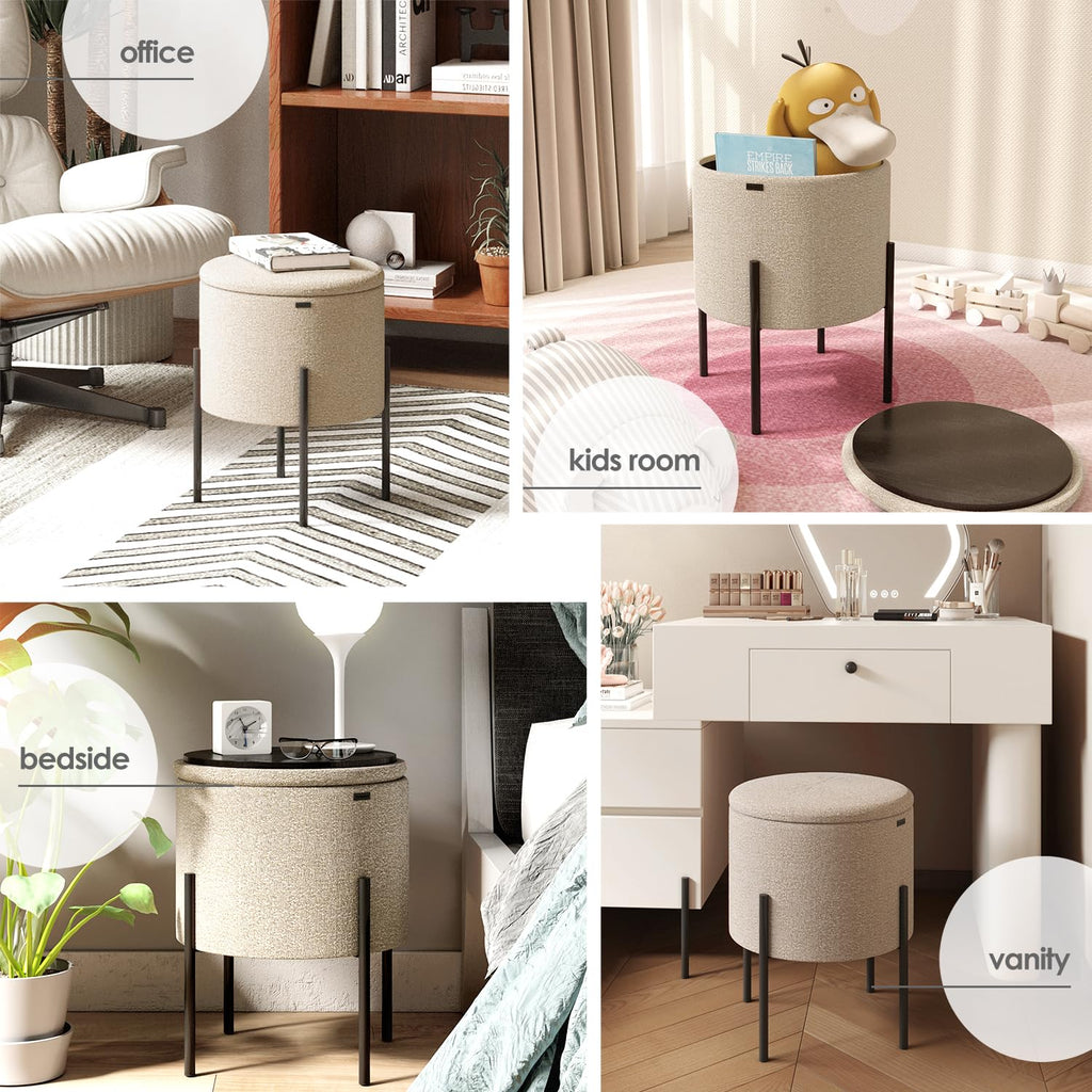 Round Ottoman with Storage, Boucle Storage Ottoman, Foot Stool, Makeup Vanity Stool, Small Foot Rest, Modern Ottomans