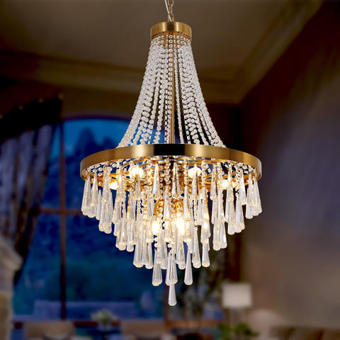 Gold Crystal Chandelier Light, 9-Lights French Empire Chandeliers Lighting for High Ceiling Hanging Pendant for Dining Living Room Foyer Kitchen Bedroom Entryway, Brushed Brass, Golden A108-B0D4QP3JJ4