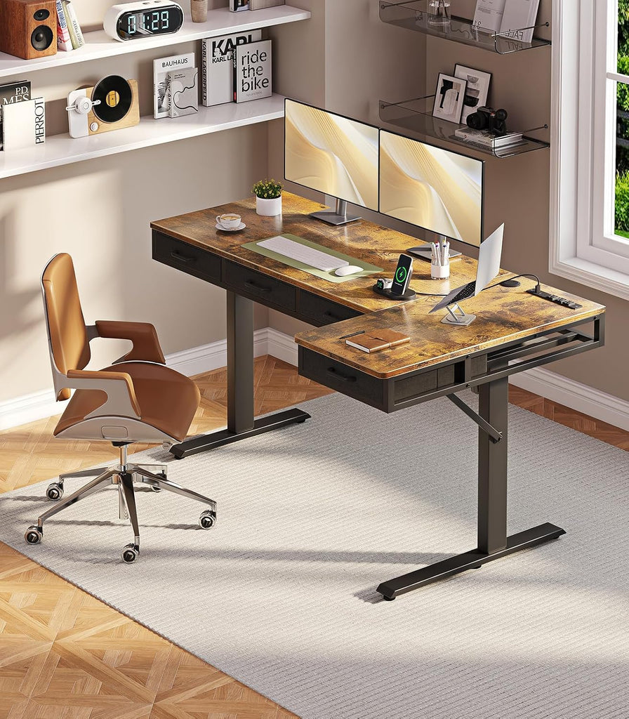 63 Inch L Shaped Electric Standing Desk with 4 Drawers, Rustic Brown | Reversible Corner Table, Office Desk With 4