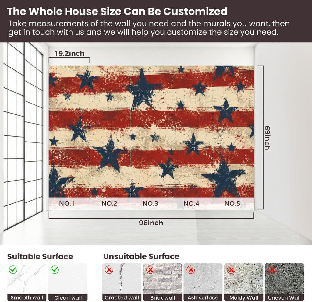 Wall Mural Peel and Stick Patriotic Stars Stripes Red White Blue Grunge Style Wallpaper Removable Self-Adhesive Large