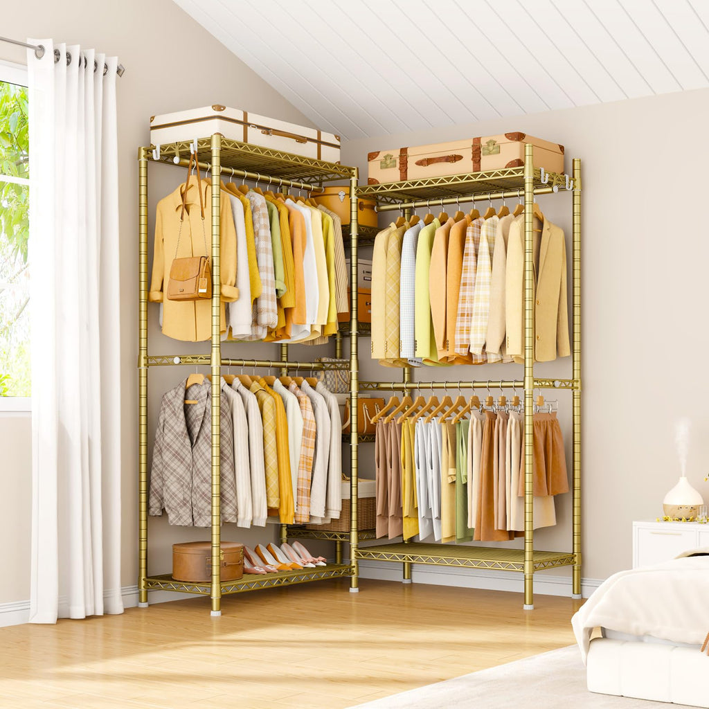 E4L Corner Clothes Rack, L Shaped Garment Rack, Heavy-Duty Freestanding Closet System with Shelves and Hangers, Max