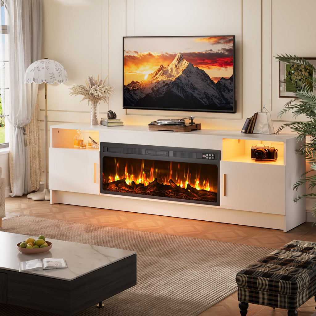 70" Electric with 36 inch Fireplace Up to 80" TVs, Entertainment Center with with Storage Cabinet & LED Lights