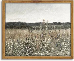 Framed Canvas Wall Art Vintage Decor, Bathroom Art Classical Wildflower Painting, Country Landscape Decor Bedroom