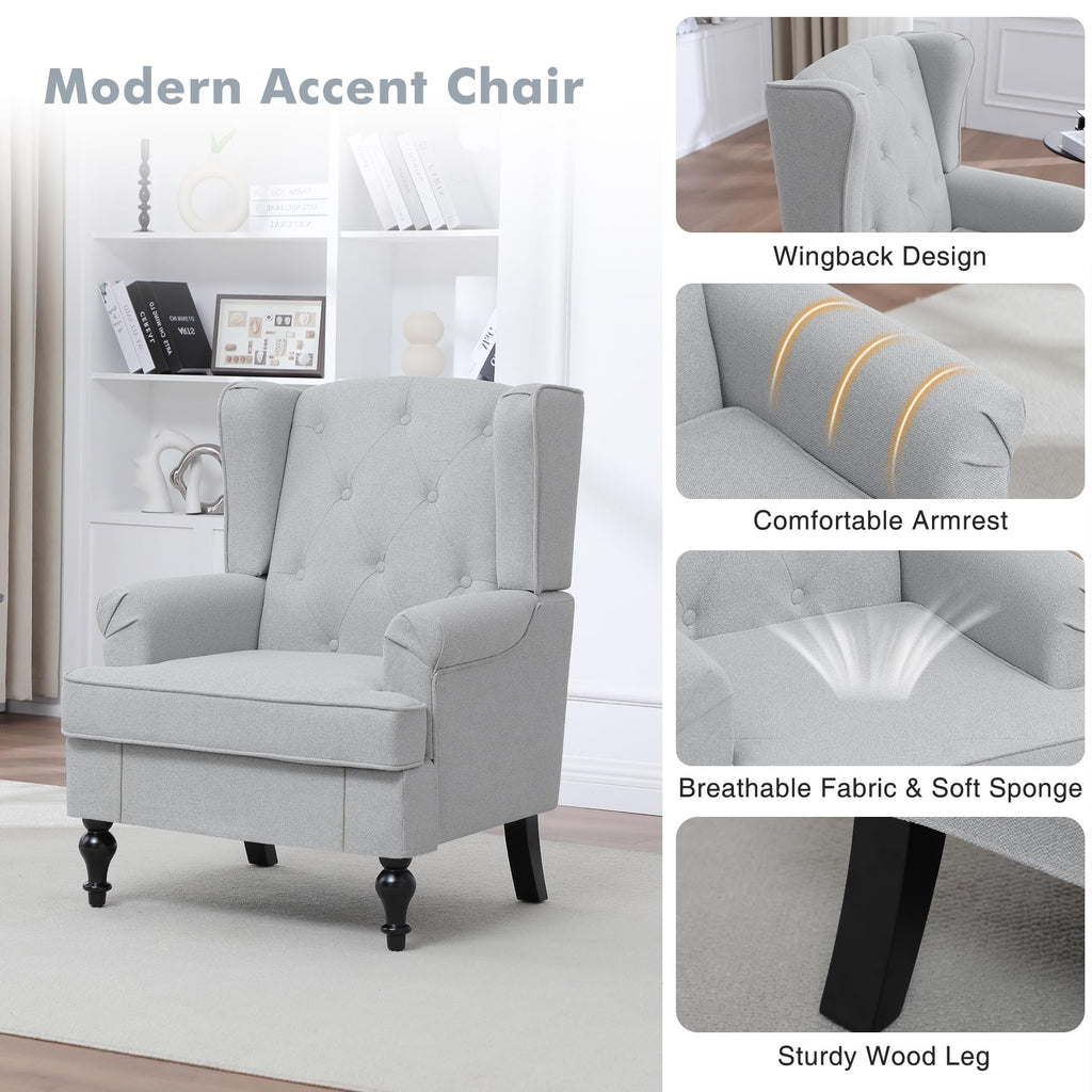 Accent Chair, Mid Century Modern Upholstered Armchair, Wingback Chair with Tufted High Back and Solid Legs, Comfy
