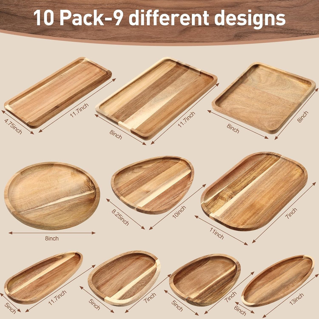 Set of 10 Acacia Wood Serving Platter and Trays Multi Shape Wood Plates Serving Tray Acacia Wooden Charcuterie Board