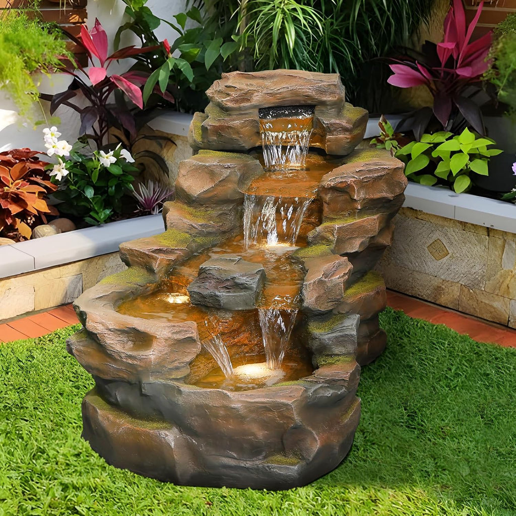Water Fountain Outdoor Floor Standing 5-Tiers Rock Natural Waterfall Outdoor Garden Fountains with LED Lights