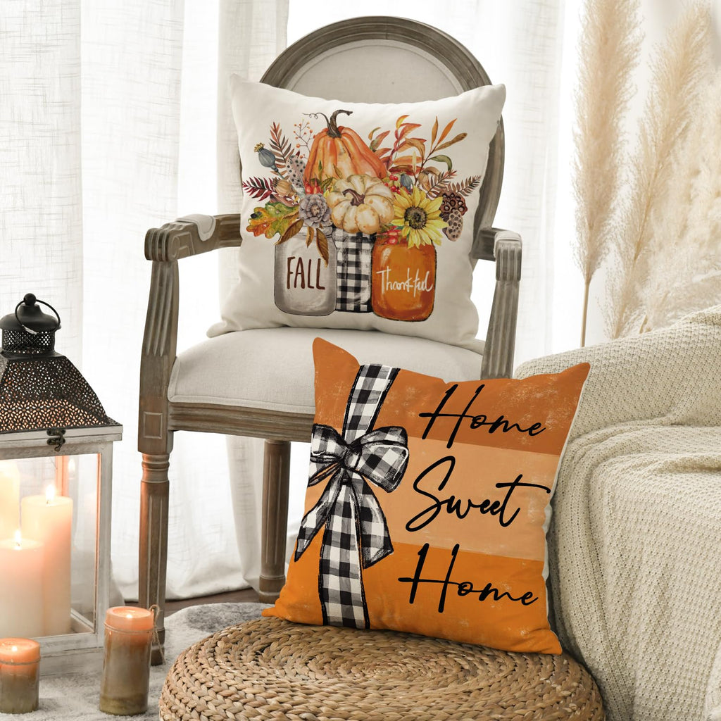 Fall Pumpk Sweet Home Throw Pillow Covers, 20 x 20 Inch Autumn Thankful Grateful Blessed Harvest Floral Orange