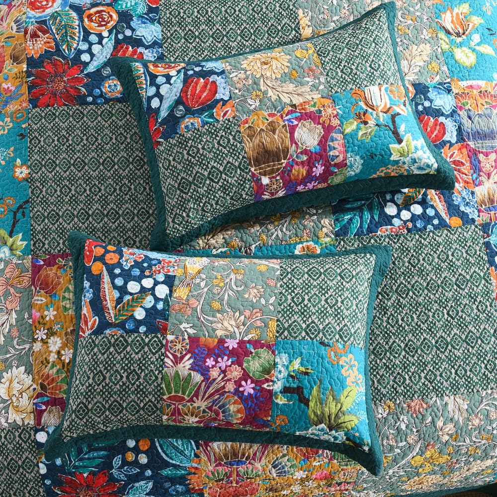 Cotton Bedspread Quilt Sets Reversible Bedding Coverlet Sets Comforter, Vintage Floral Patchwork Turquoise Bedspread