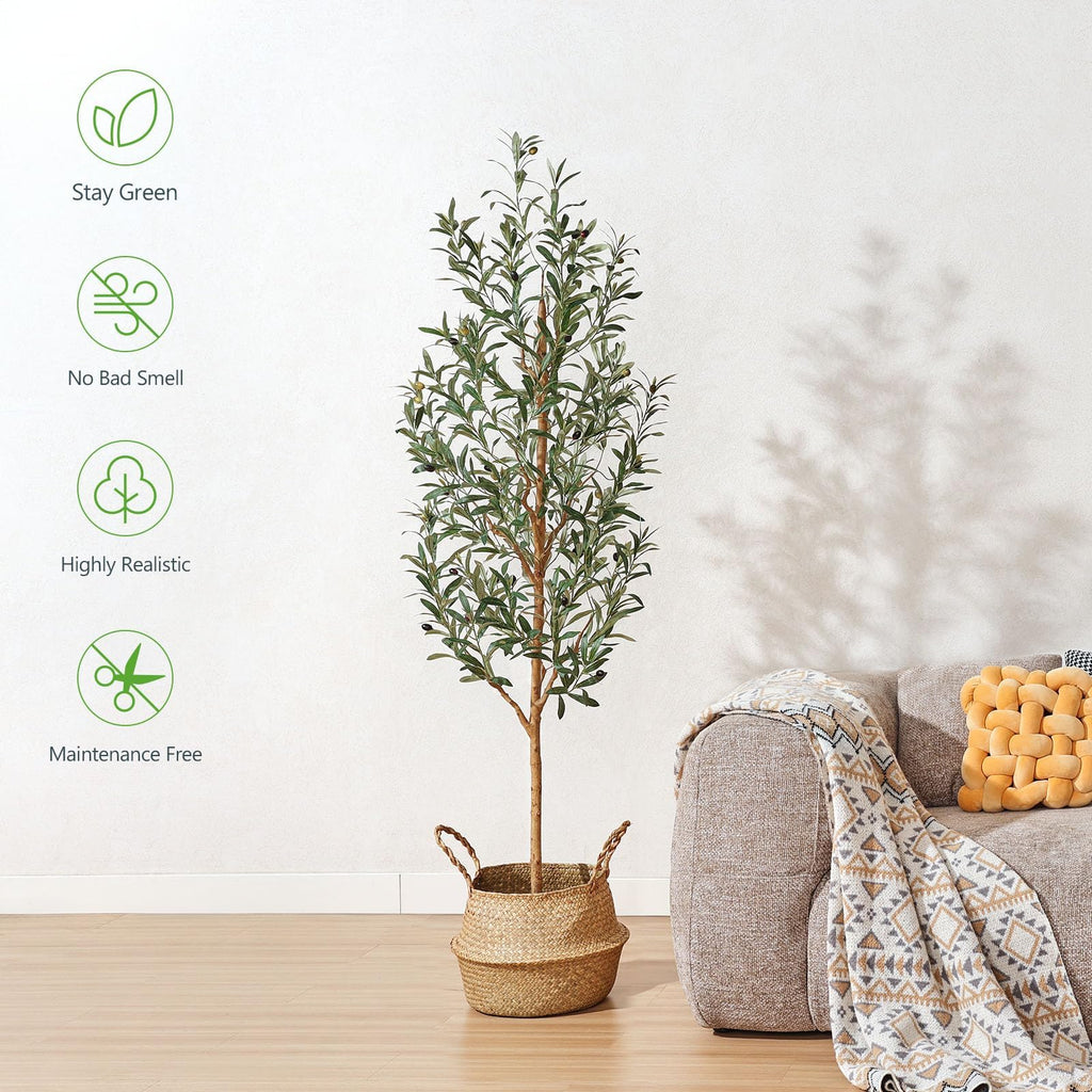 Faux Olive Tree 6FT - Tall Artificial Plants Indoor with Real Wood Trunk & Seagrass Basket, Lifelike Silk Leaves &