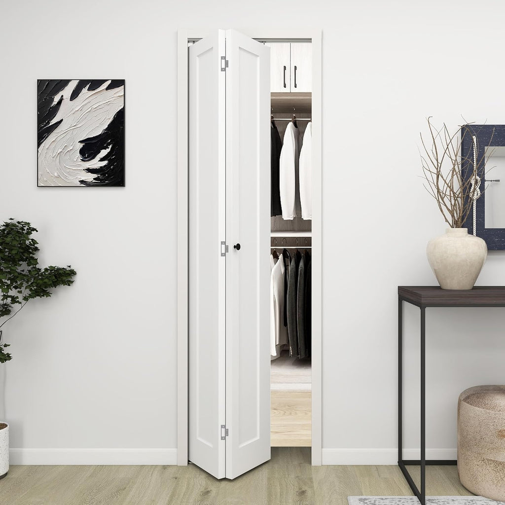 24 in.x 80 in. Bifold Barn Door, 1 Panel Shaker Style White Primed Bifold Closet Door, Hollow Core I