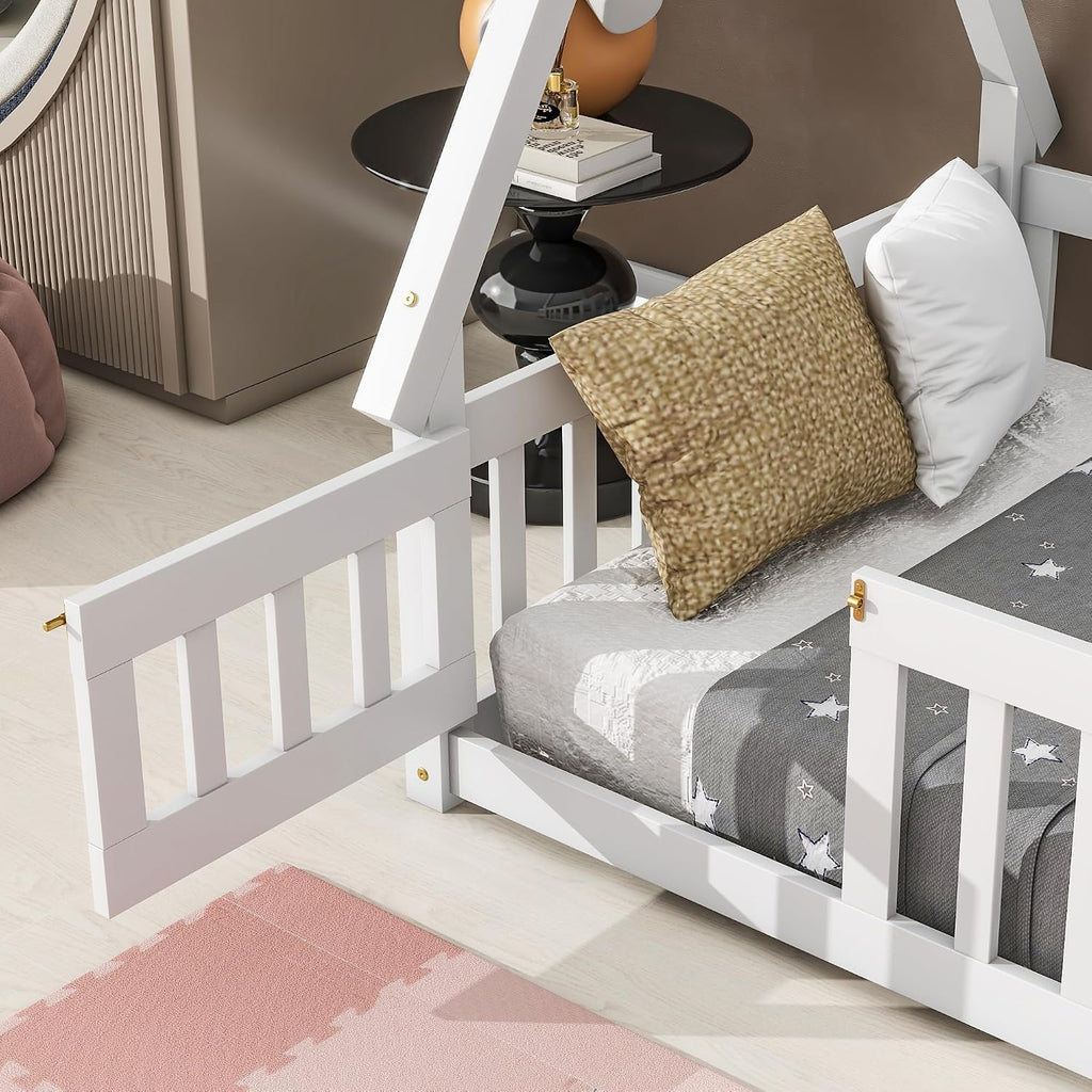 Floor Bed for Kids Tent-Shaped Montessori Floor Bed with Slats and Guardrails Wood Teepee Bed Frame