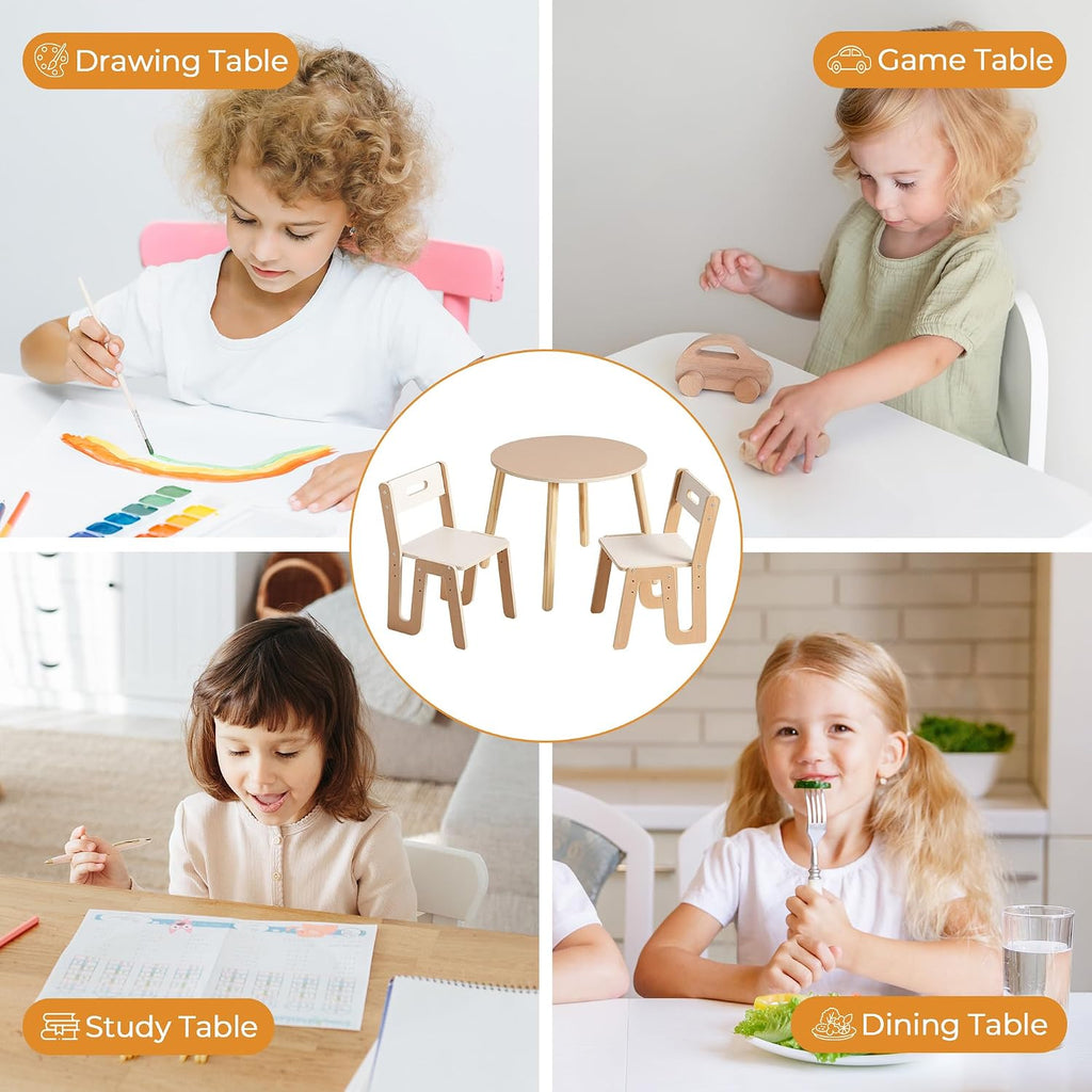 Wooden Kids Table and Chairs, Adjustable Height Toddler Table and Chair Set, Round Kids Desk and Chair Set for Ages
