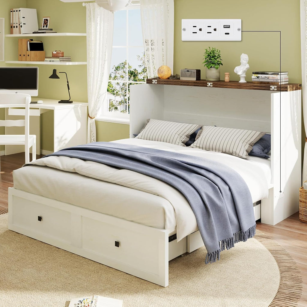 Farmhouse Queen Murphy Bed with Charging Station & Easy Fold-Down - 900lbs Capacity Heavy Duty Murphy Bed Cabinet