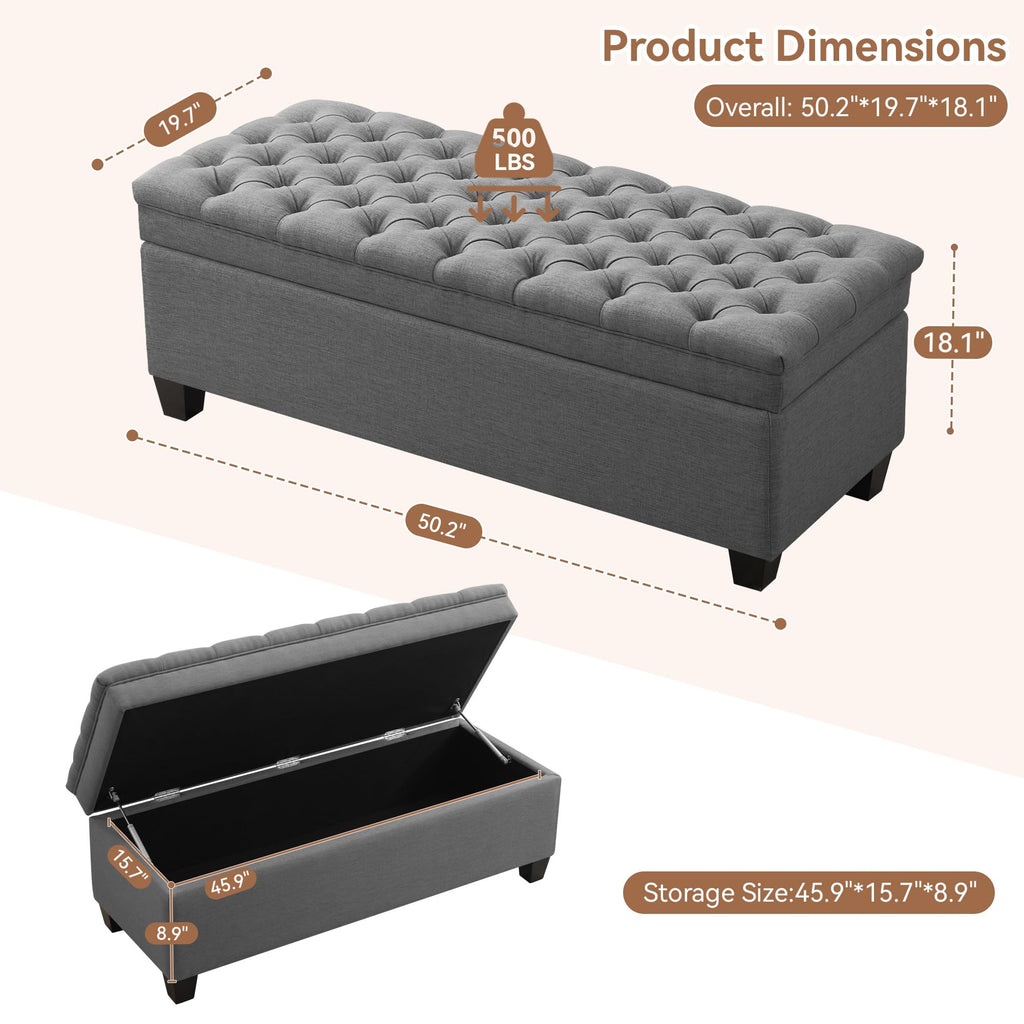 50" Fabric Storage Ottoman Bench, Upholstered Rectangle End of Bed Storage Ottoman Tufted Living Room Bedroom Bench