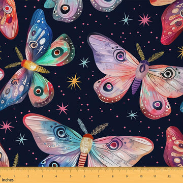 Moth Fabric By The Yard, Girls Butterflies Upholstery Fabric, Cartoon Wildlife Polka Dots Decorative Fabric, Retro