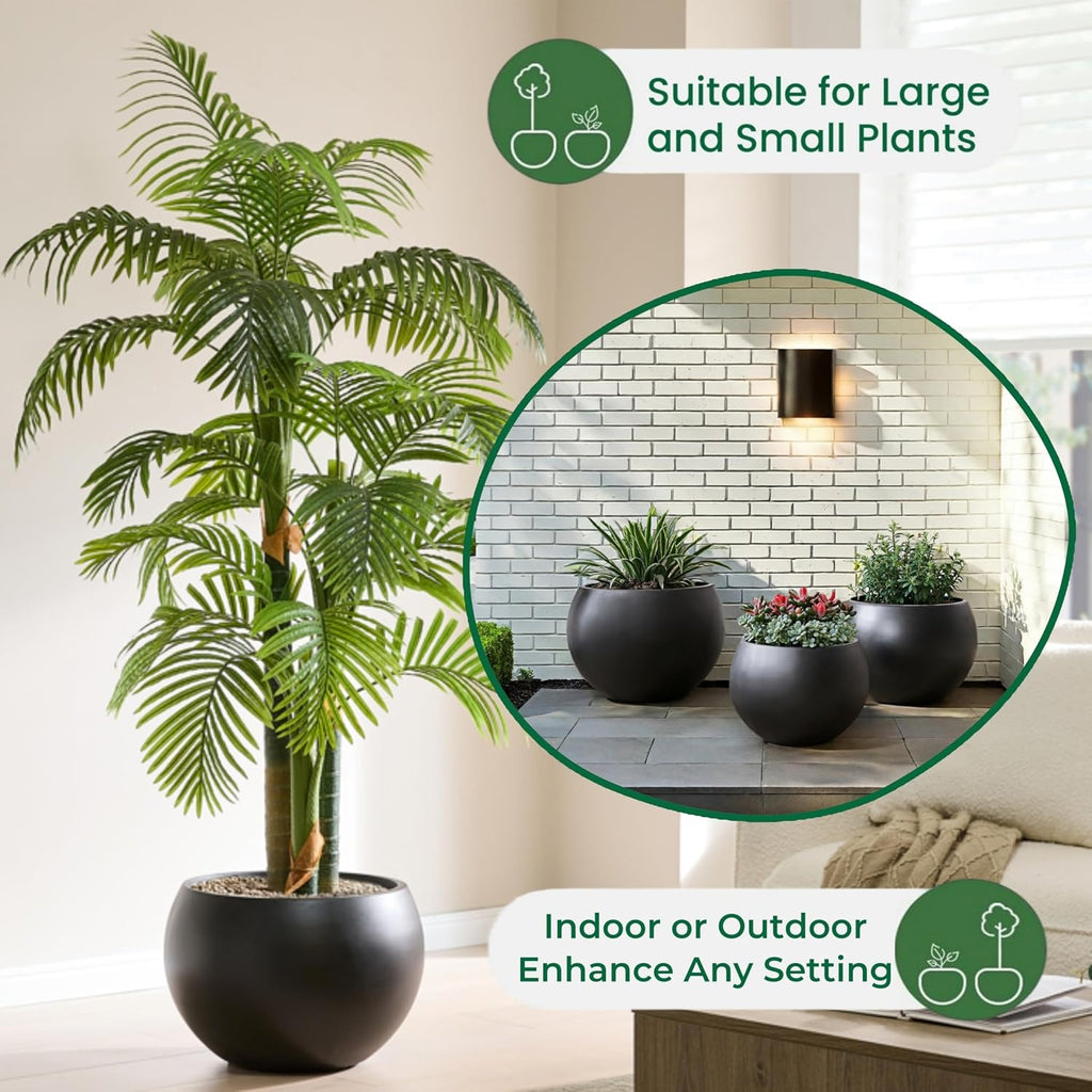 19.3" Dia-13 H Fiberstone Sphere Planter, Black Round Flower Pot | Large Concrete Planters for Indoor Outdoor, 15"