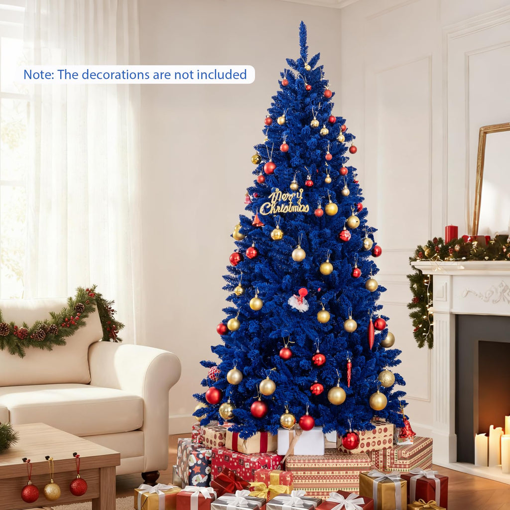 7 FT Pre-Lit Royal Blue Snow Flocked Christmas Tree, Artificial Hinged Xmas Tree with 340 LED Lights, 900 Branch