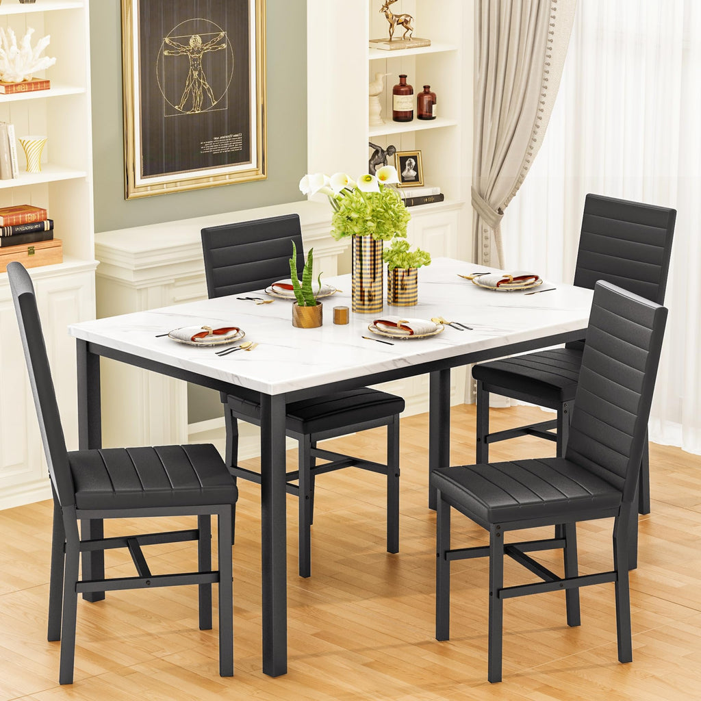 5-Piece Small Dining Table Set for 4, Modern Faux Marble Kitchen Table with 4 Upholstered PU Leather Chairs, Dining