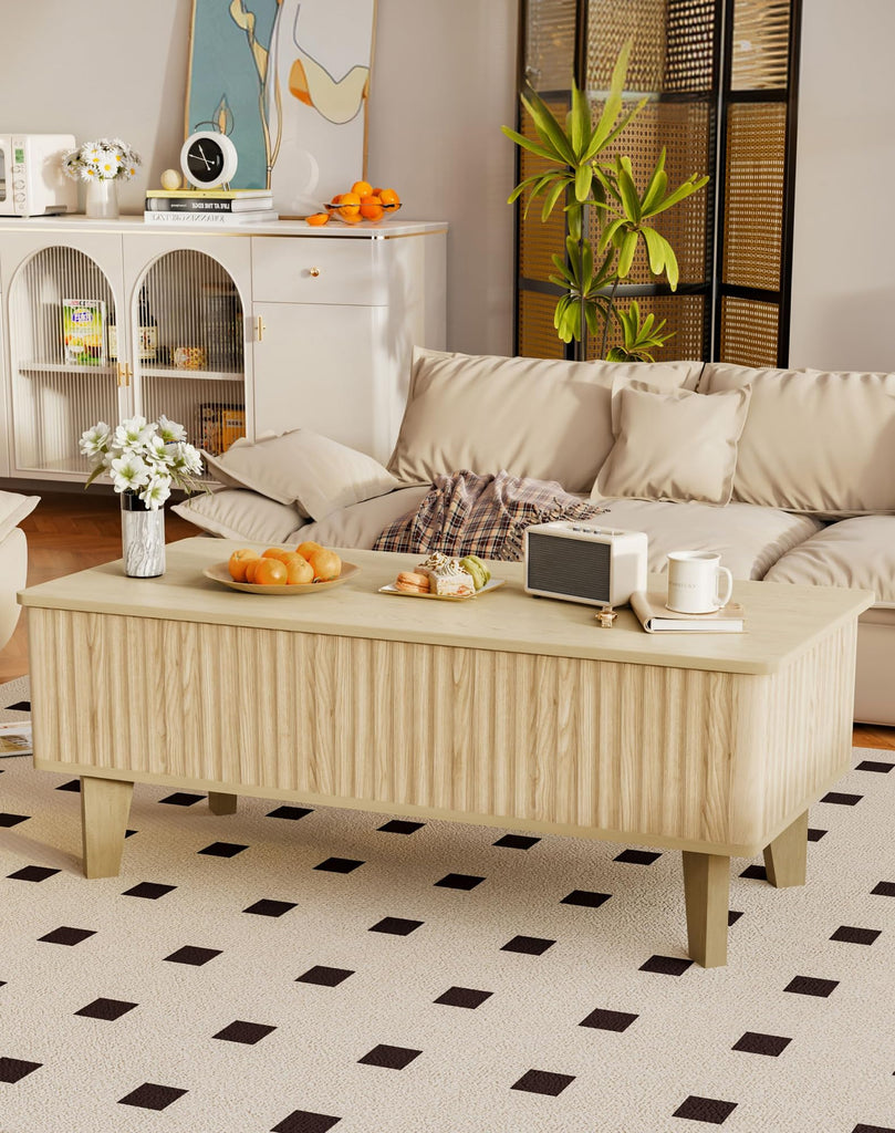 Rectangular Coffee Table with Lifting Top, Mid Century Modern Living Room Center Table, Wood Fluted Coffee Table, Oak