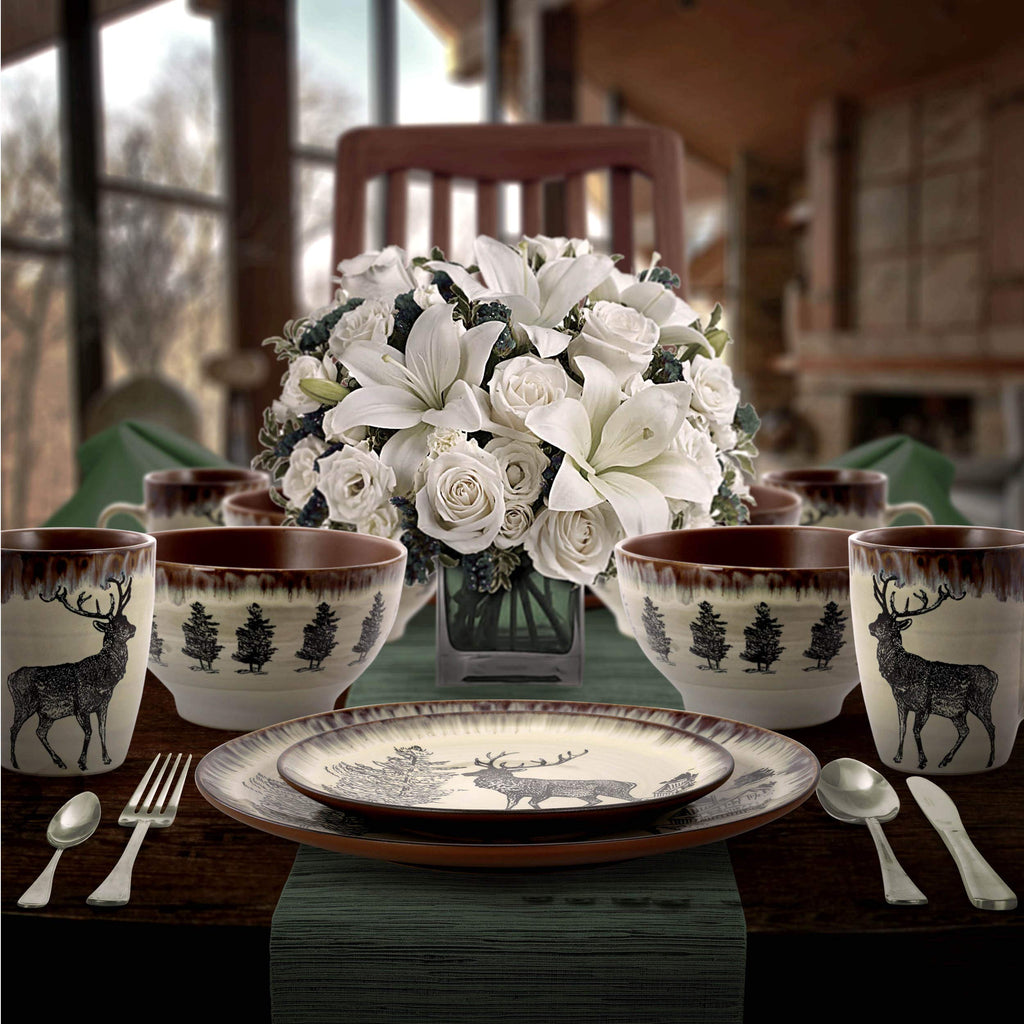 Majestic Elk 16 Piece Round Stoneware Dinnerware Set in Taupe