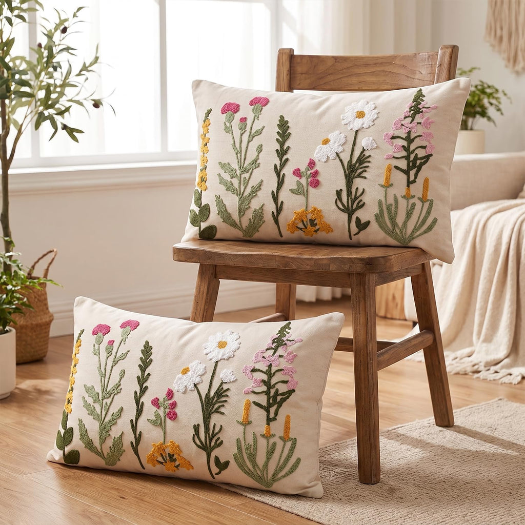 Spring Summer Floral Daisy Embroidered Throw Pillow Covers, 12 x 20 Inch Beige Colorful Flowers Decor Tufted