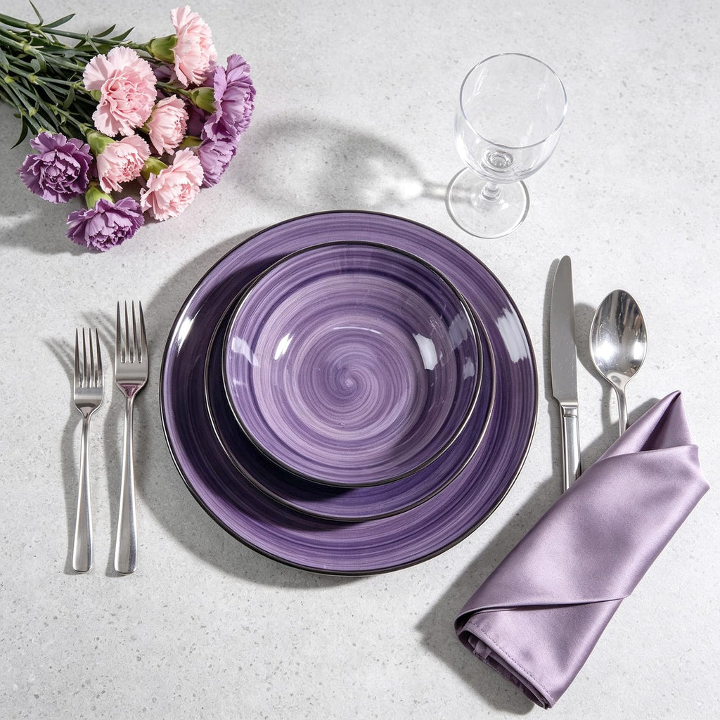 Stoneware Dinnerware Set, Sonoma 18 Piece Service for 6, Black & Speckled Purple Spinwash Plates and Bowls, Microwave