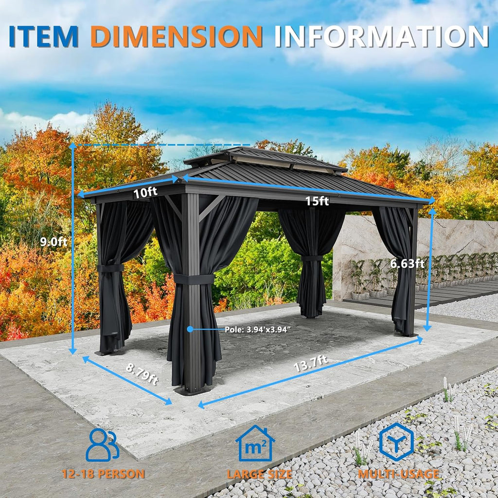 10x15 Hardtop Gazebo On Clearance with Heavy Duty Galvanized Steel Metal Roof - Black