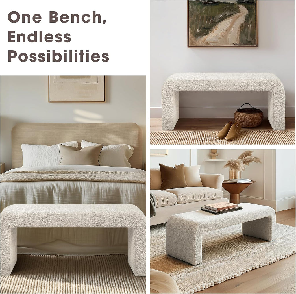 Steve Entryway Accent Bench Padded, Cozy Plush Boucle Upholstered Bench , Modern Curved Corner Compact Bed End Bench