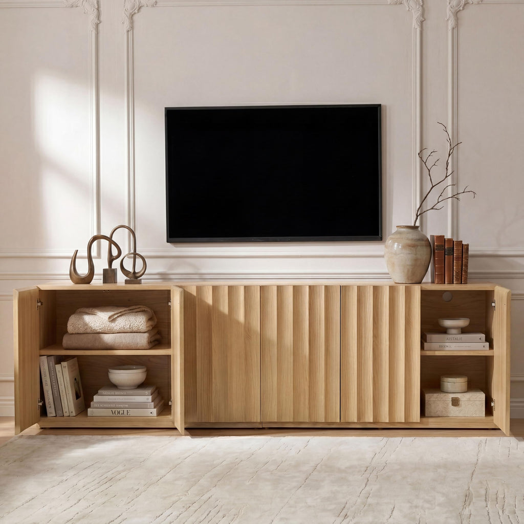 93.92" TV Stand, Modular Fluted Mid Century Modern, Light Oak