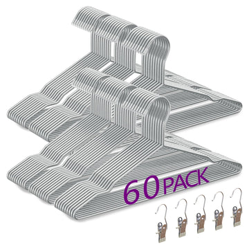 Metal Wire Hangers 60 Pack, Metal Coat Hangers with 5 Clips