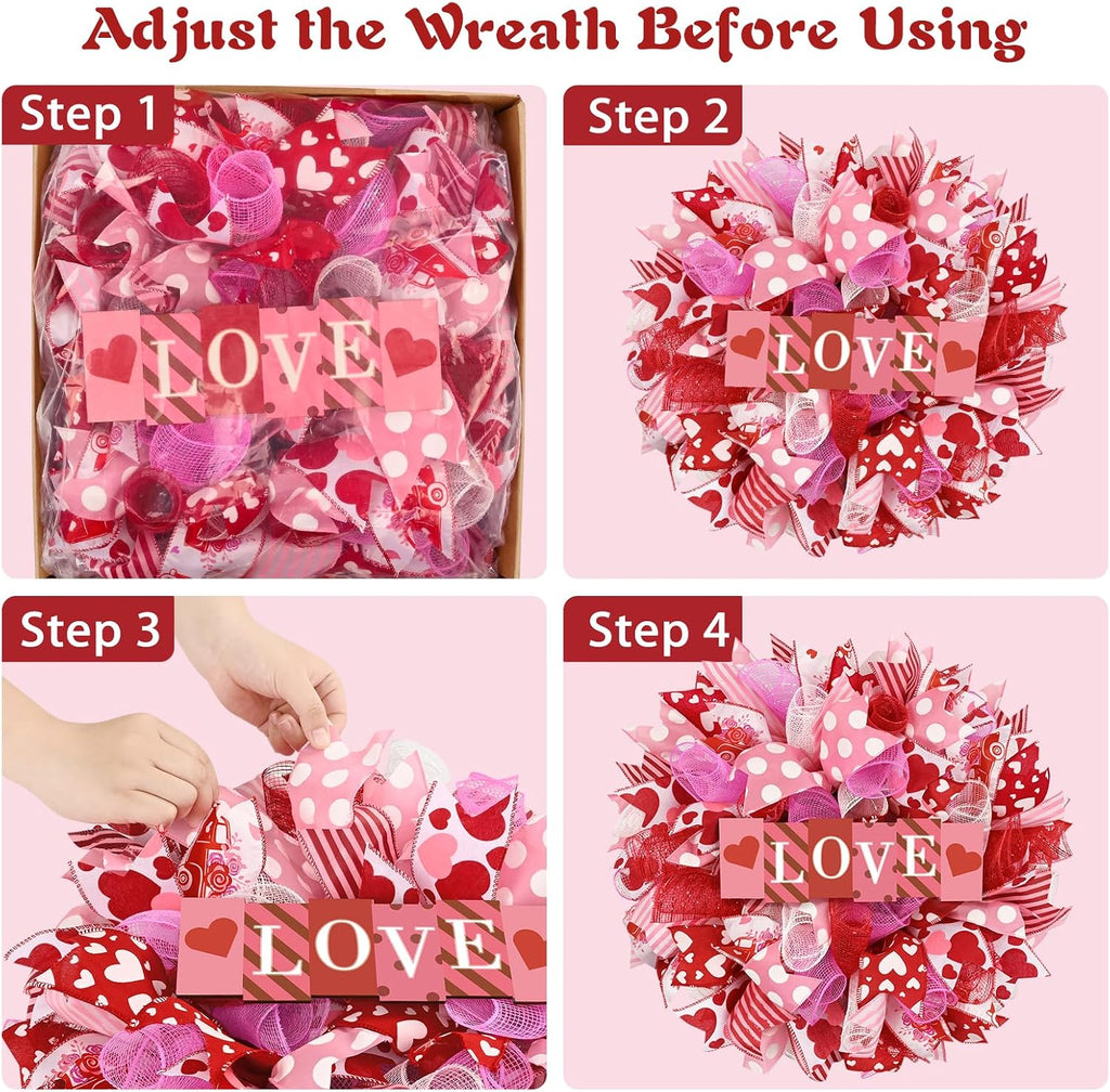 17 Inch Valentines Day Mesh Wreath,Valentines Wreaths for Front Door with Love Wooden Sign Fishnet Yarn, Valentines
