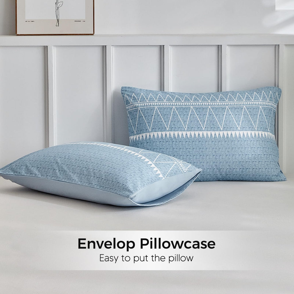 Duvet Cover with Fitted Sheet - 4 Pieces Blue Striped Printed Soft Bedding Set, Includes 1 Duvet Cover