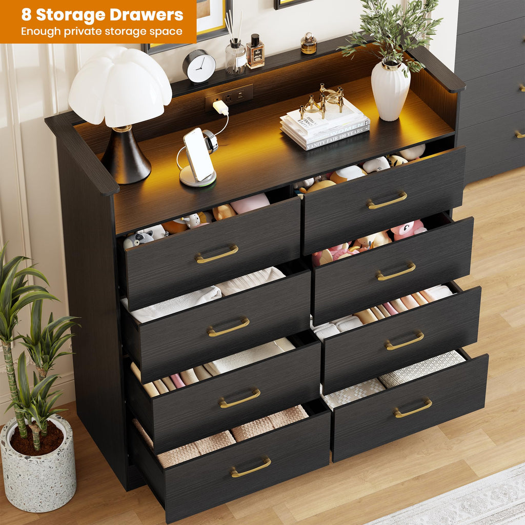 8 Drawer Dresser with LED Light and Charging Station, Black