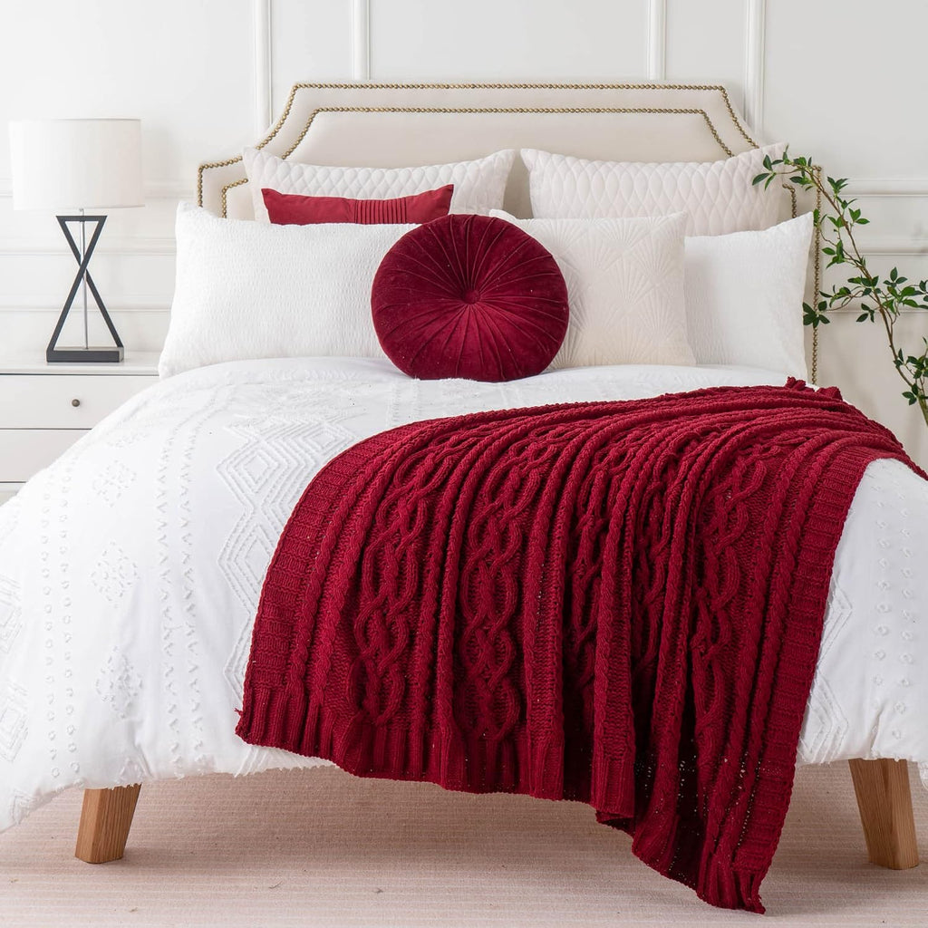 Christmas Dark Red Throw Blanket for Couch, Bed, Sofa, 51"x67", Woven Chenille Knit Throw Blankets, Gift Blanket