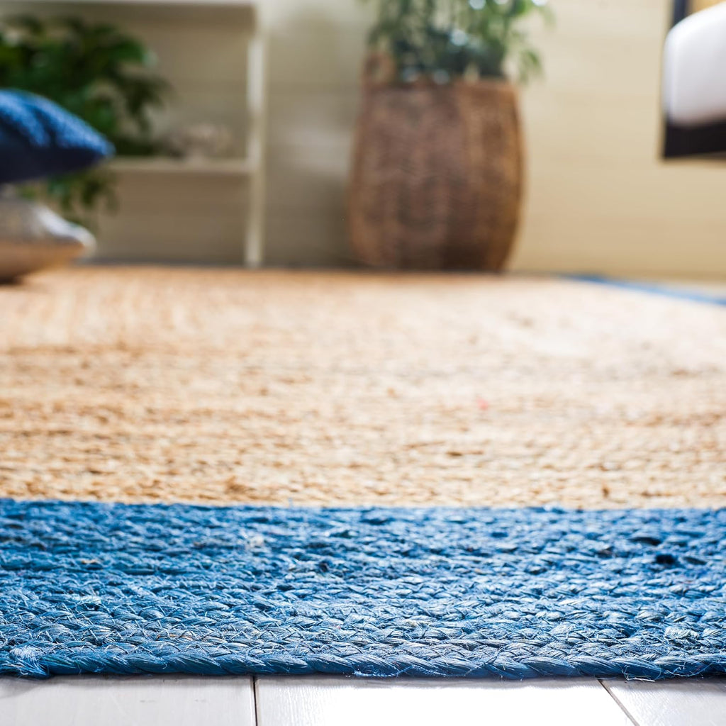 Natural Fiber Collection Area Rug - 6' Square, Natural & Blue, Handmade Flat Weave Boho Farmhouse Rustic Border Jute
