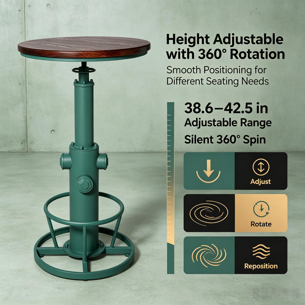 Industrial Bar Table 38.6"-48.4" Adjustable Swivel Top 23.7" Dia (Green)