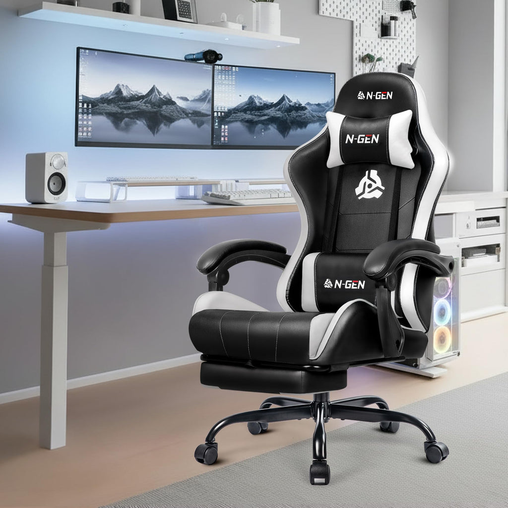 Gaming Chair, Footrest, Lumbar, High-Back, White Black