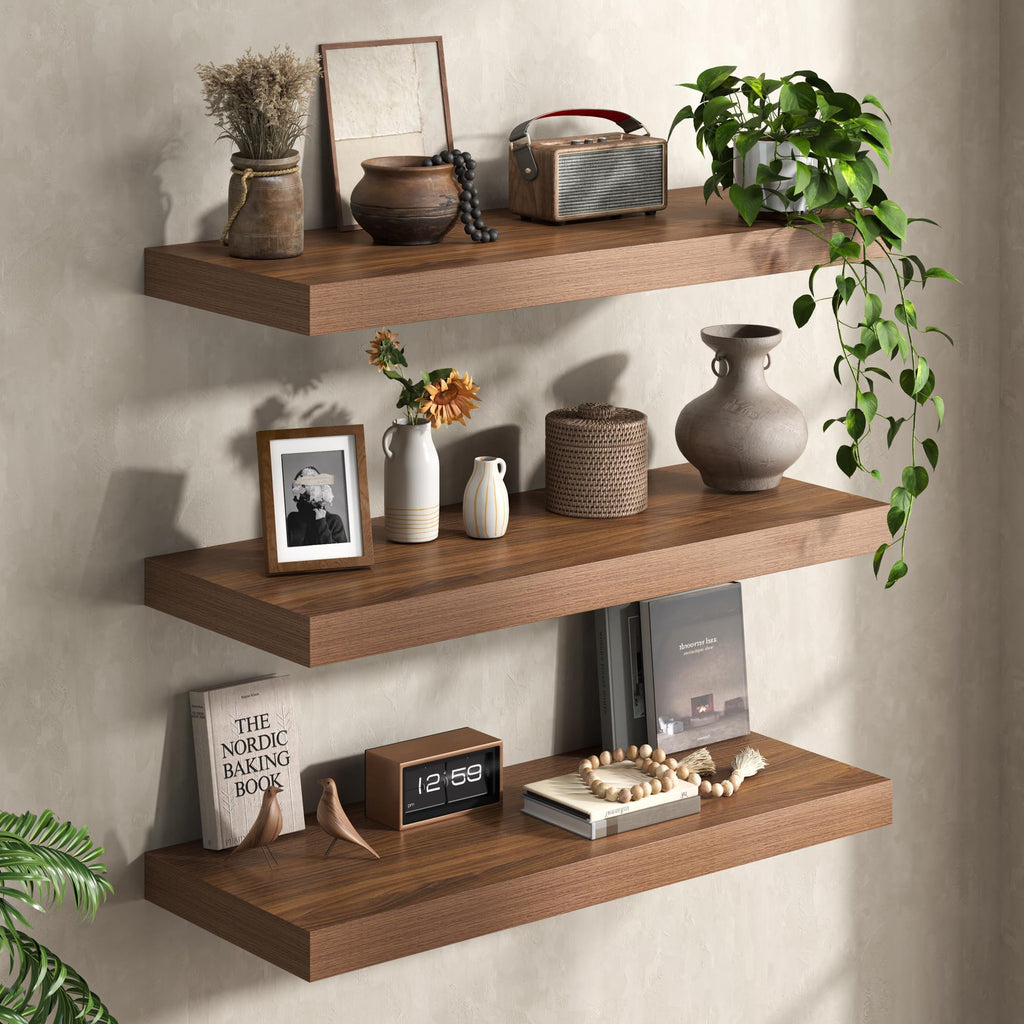 36Inch Walnut Floating Shelves for Wall, 12 Inch Deep Shelves Wall Mounted, Rustic Wood Floating Shelf with Invisible