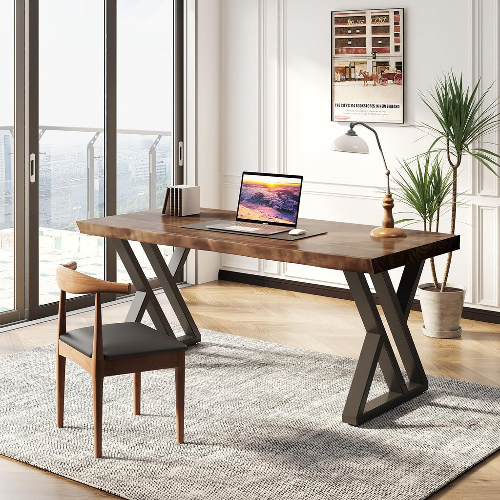 Solid Wood Desk 55 inches, Home Office Computer Desk Wooden Rustic Writing Desk Metal Modern Simple Design Executive