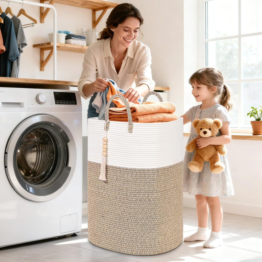 Woven Laundry Basket for Clothes, 80L Large Rectangle Laundry Hampers with Beads Tassel, Nursery Storage Basket for