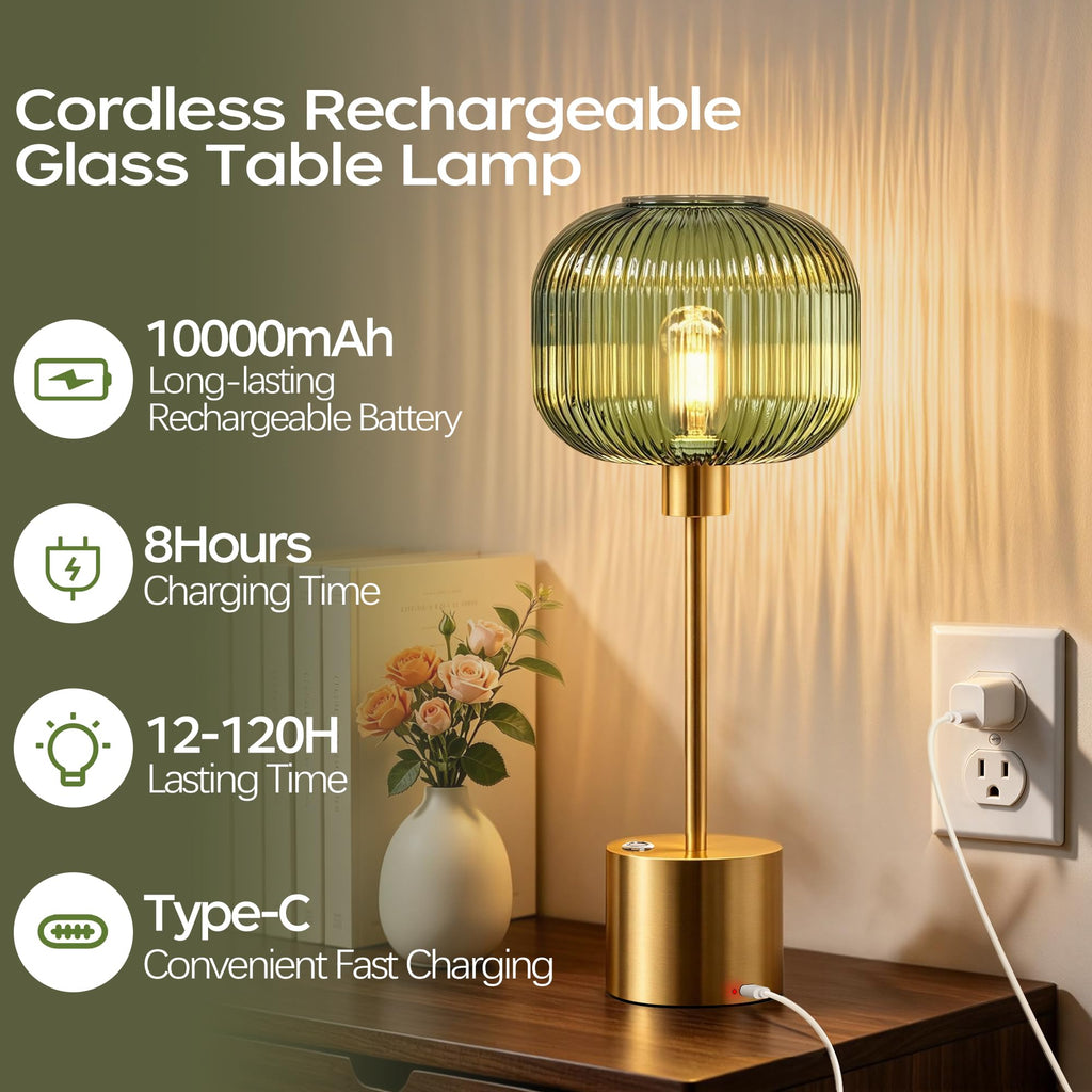 Rechargeable Cordless Glass Table Lamp, Modern Bedside Lamp
